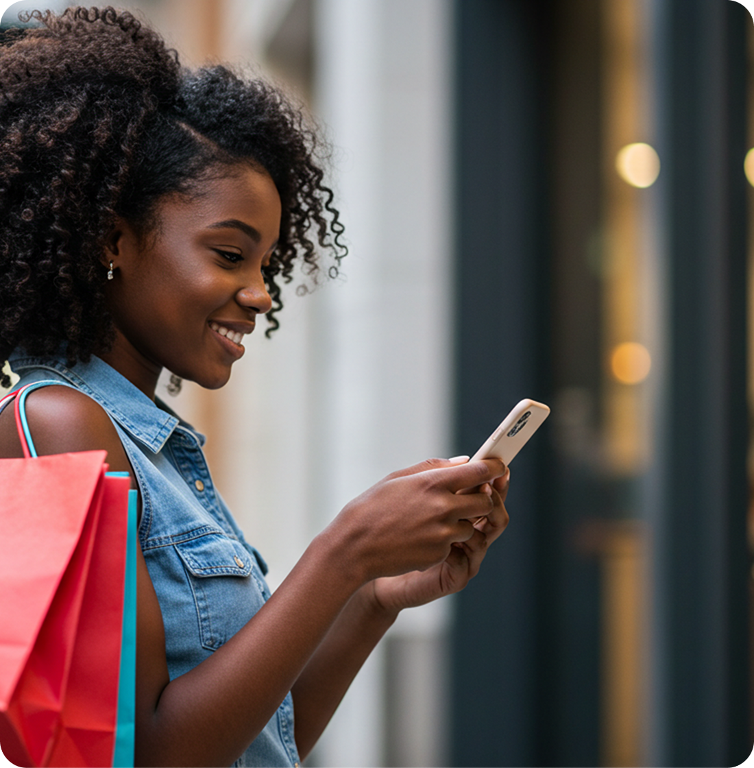 Happy customer using the Sira app while carrying shopping bags